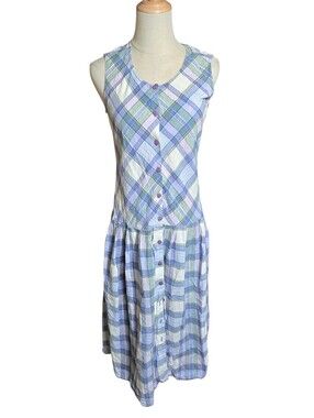 Beacon Street Vintage Sleeveless Plaid Button-Front Midi Dress in Blue and Green
